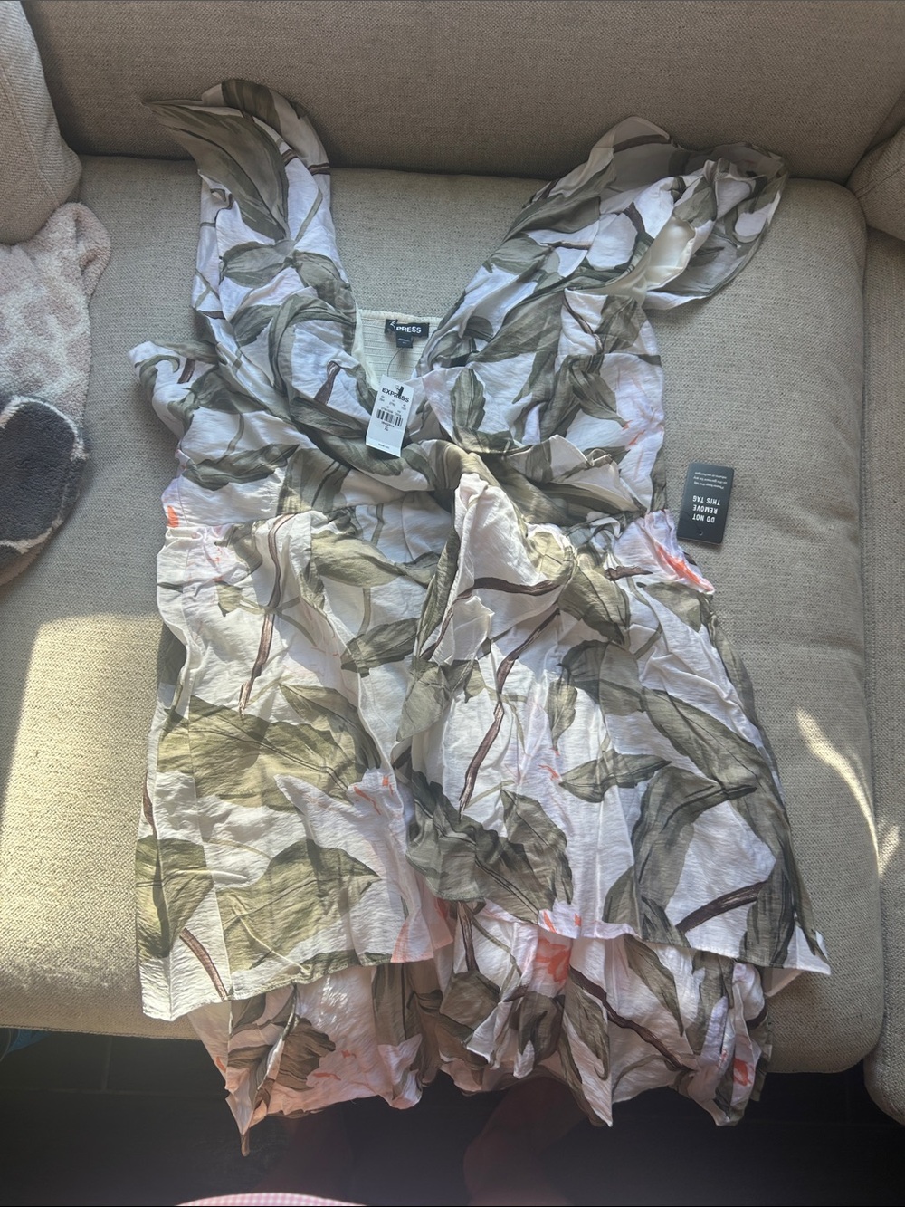 Express Floral Mini Dress in White and Olive with Pink Accents